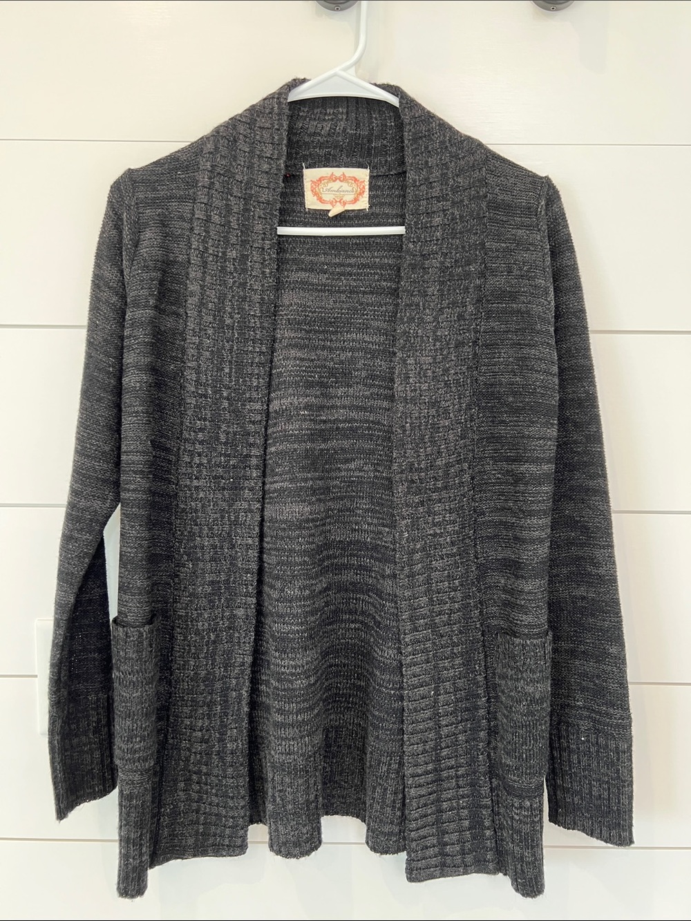 Dark Gray Open-Front Knit Cardigan with Pockets
